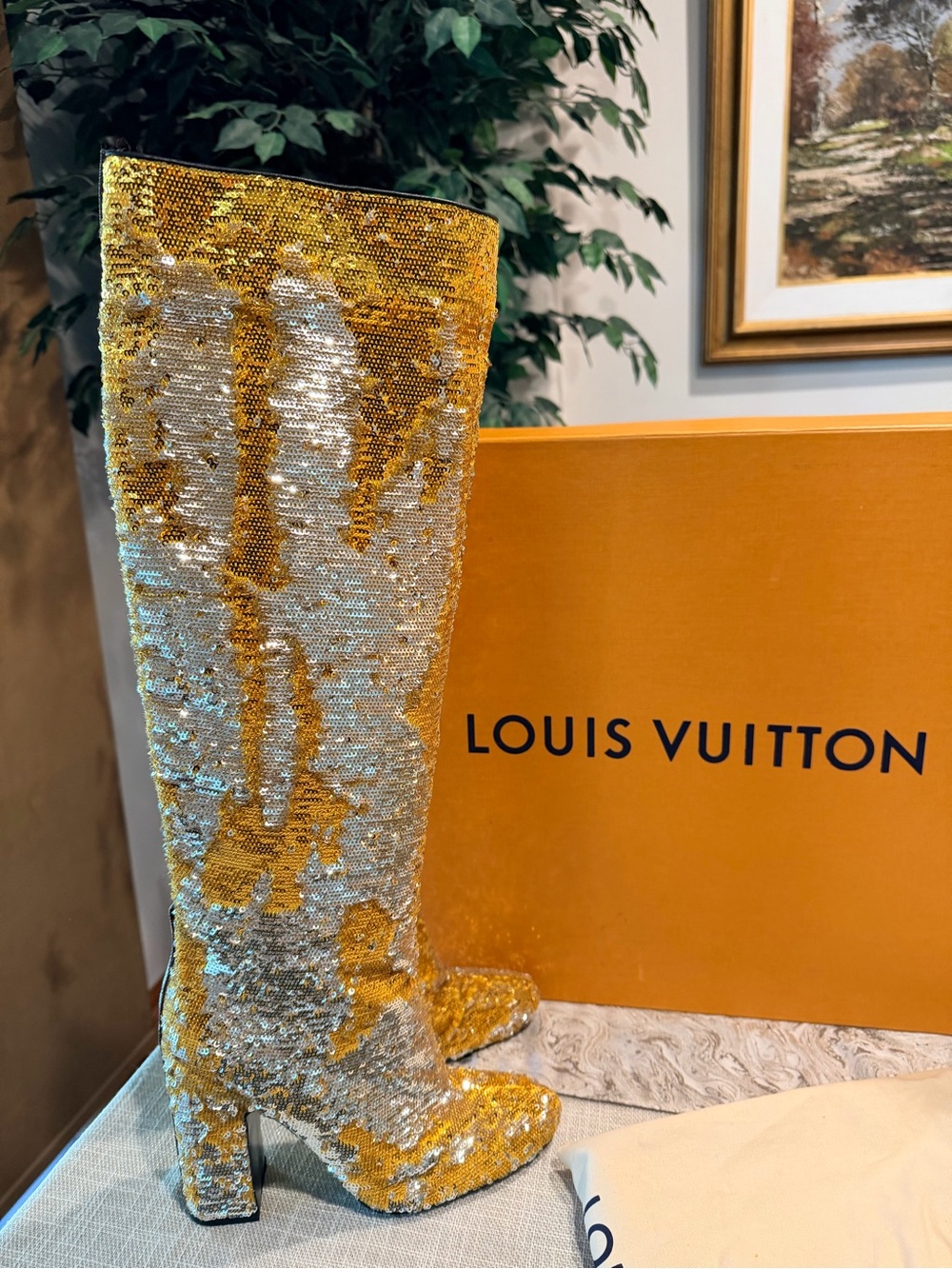 Louis Vuitton Gold and Silver Sequin Knee-High Heeled Boots